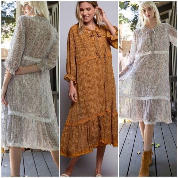 COTTAGE Core  A Shape  Lace Trimmed Dress w/ 3/4 Sleeves - Picture 2 of 16